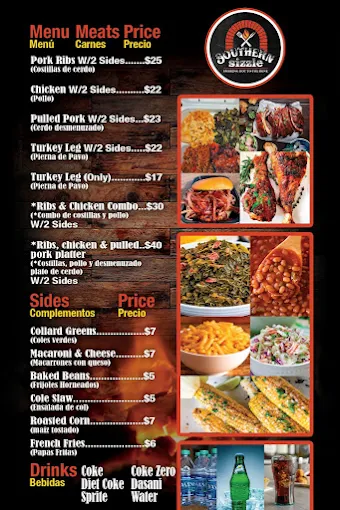 Southern Sizzle printed menu board with prices in English and Spanish